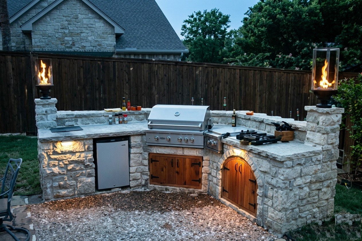 Outdoor BBQ island with Tempest Torch columns โ full outdoor kitchen